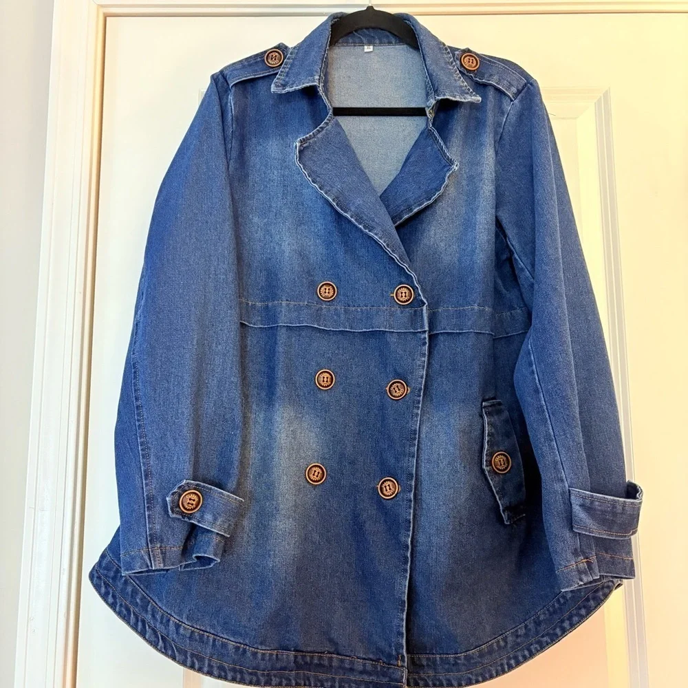 Classic Nautical Preppy Medium Wash Denim Double Breasted Jean Trench Co…